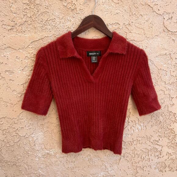 Bailey 44 Ribbed Burgundy Sweater XS Deep V Collar Fitted Knit Top - Picture 1 of 5